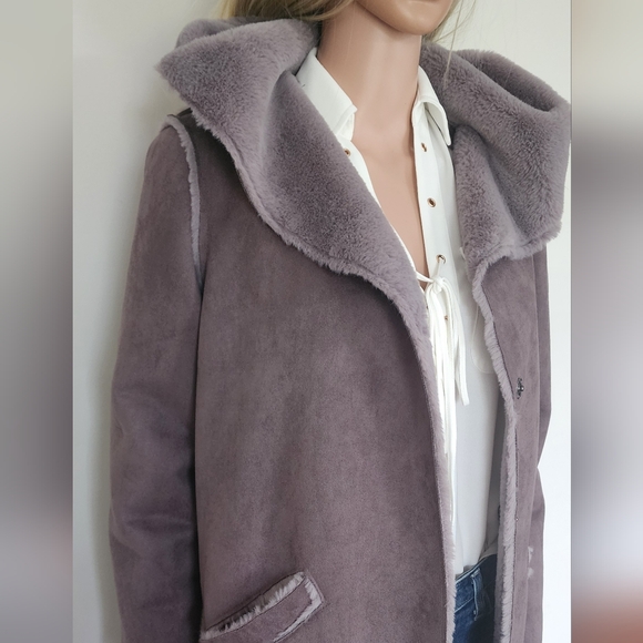 ZARA COAT FAUX FUR GREY HOODED SMALL - Picture 3 of 11